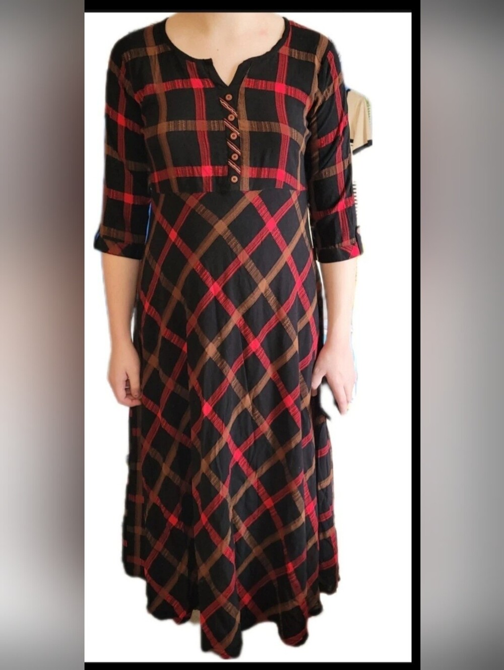 Sakshi India Red Plaid Fit And Flair 3/4 Sleeve Pullover Dress Size XL Women's